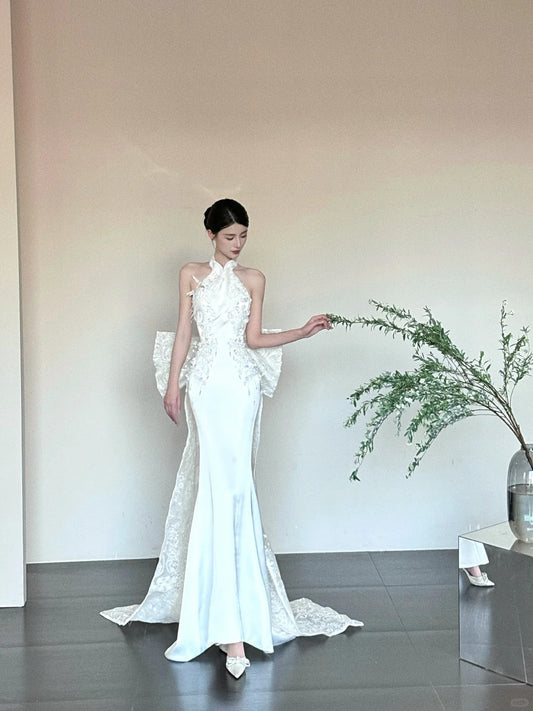 Weiß Modische Wunderschöne Elegante Exquisite Spitze Lange Meerjungfrau Bodenlangen Schwanz Ballkleid Abendkleid Brautkleid nv4056