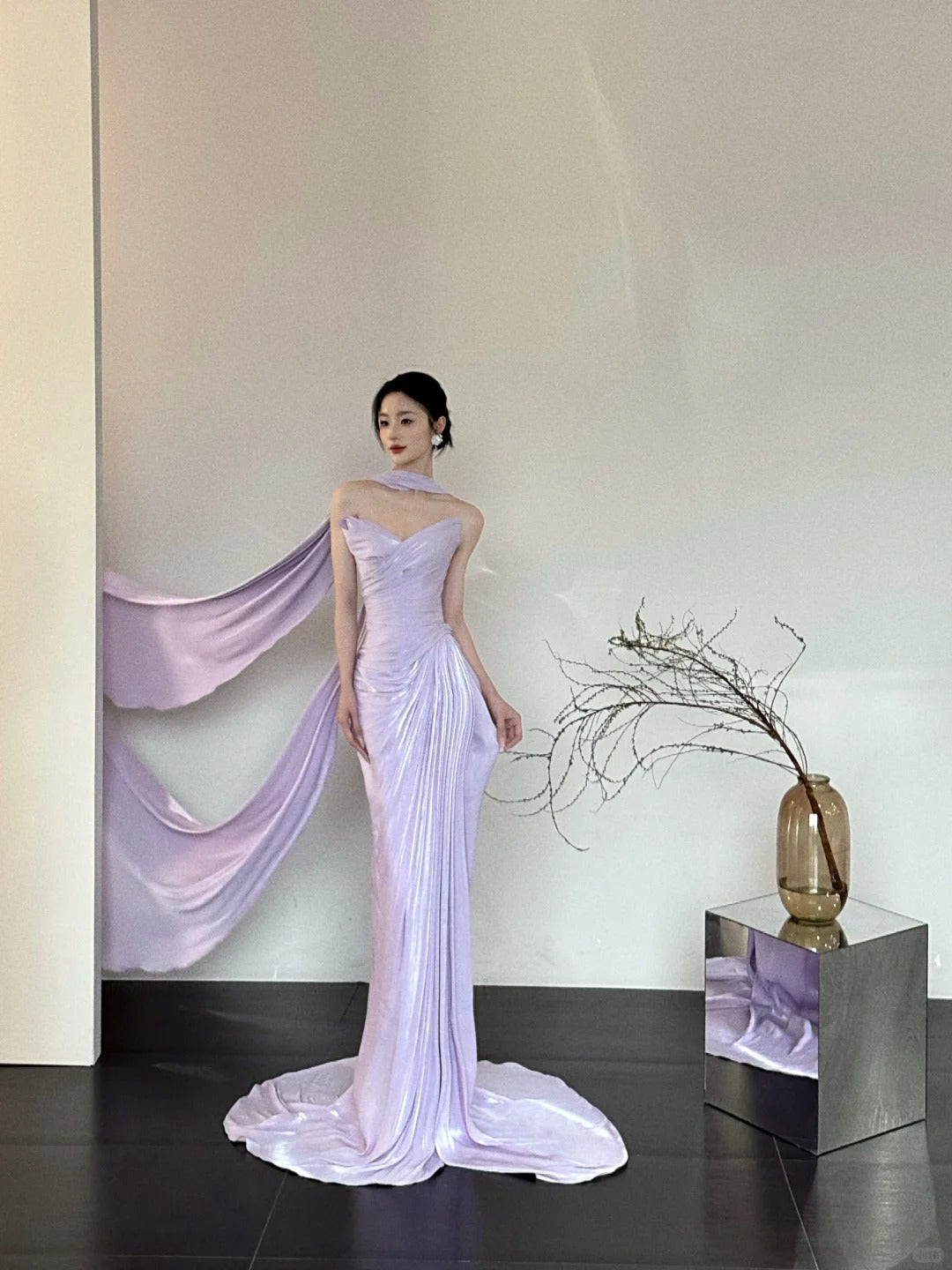 Robe de soirée sirène longue en satin violet, élégante et exquise, longueur au sol, robe de mariée nv4058