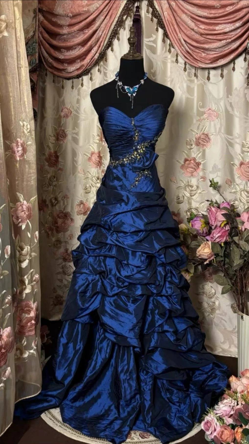 Robe de soirée longue en satin bleu à strass, longueur au sol, pour adulte, nv4423