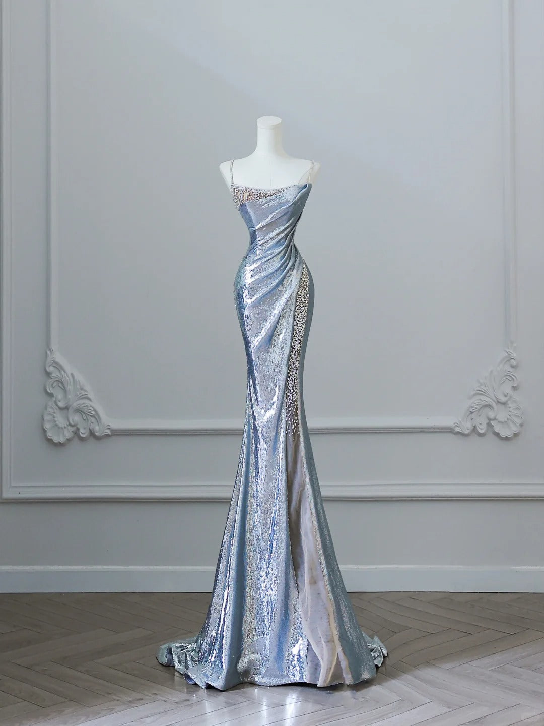 Silver Gorgeous Shiny Mermaid Elegant Long Satin Ball Gown Evening Dress Graduation Dress nv4337