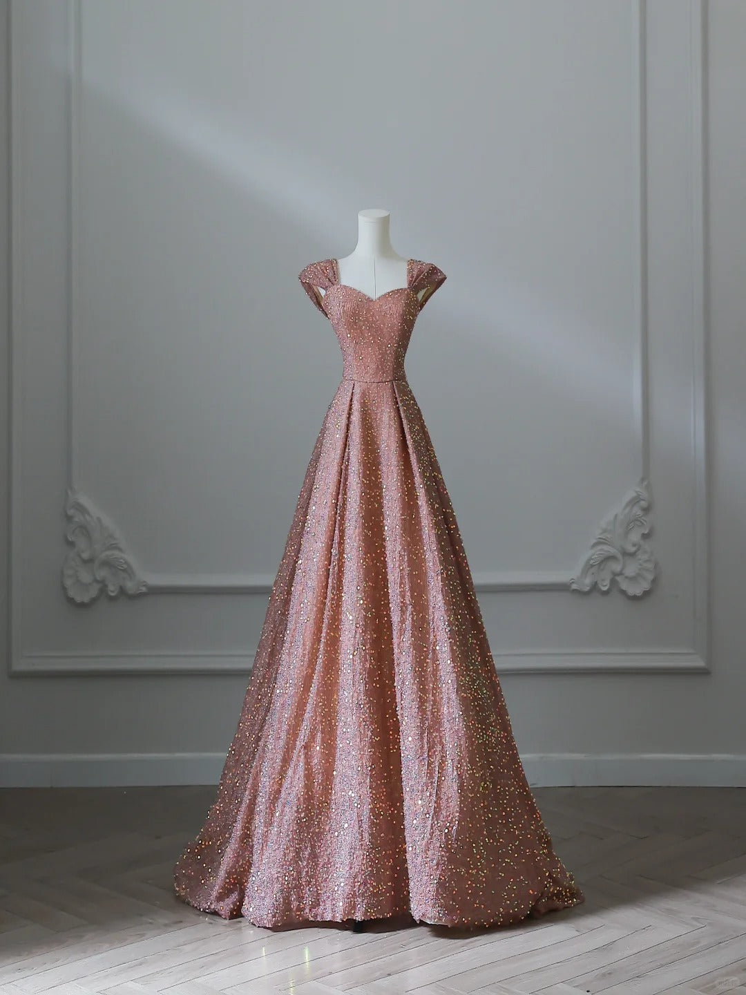 Pink Gold Shiny Sequins Elegant Long Satin Ball Gown Evening Dress nv4340