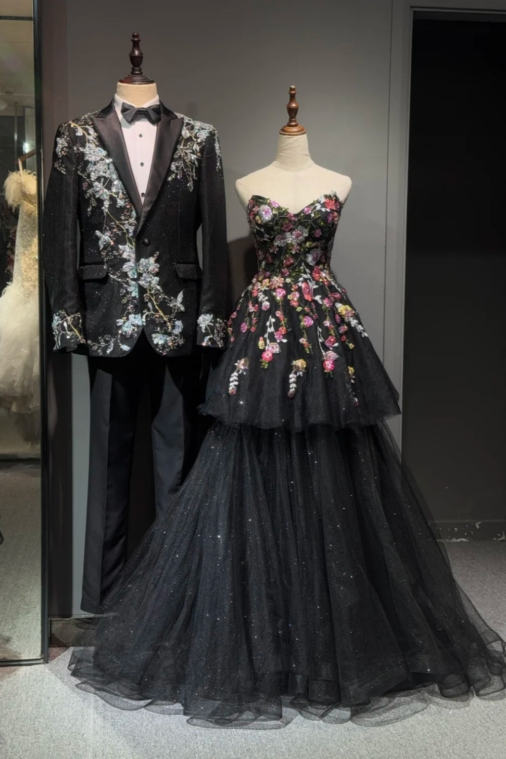 Schwarzes, exquisites, langes Chiffon-Ballkleid mit Blumenmuster, Partykleid NV6622
