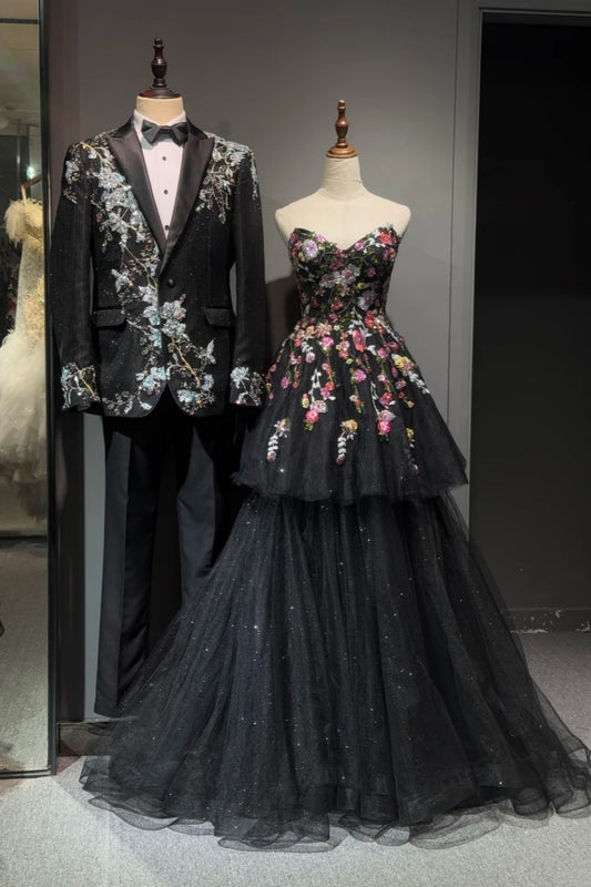 Schwarzes, exquisites, langes Chiffon-Ballkleid mit Blumenmuster, Partykleid NV6622