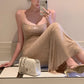 Robe sirène à bretelles fines et strass couleur champagne : dos nu plongeant, coupe moulante, pièce maîtresse pour un banquet NV6414