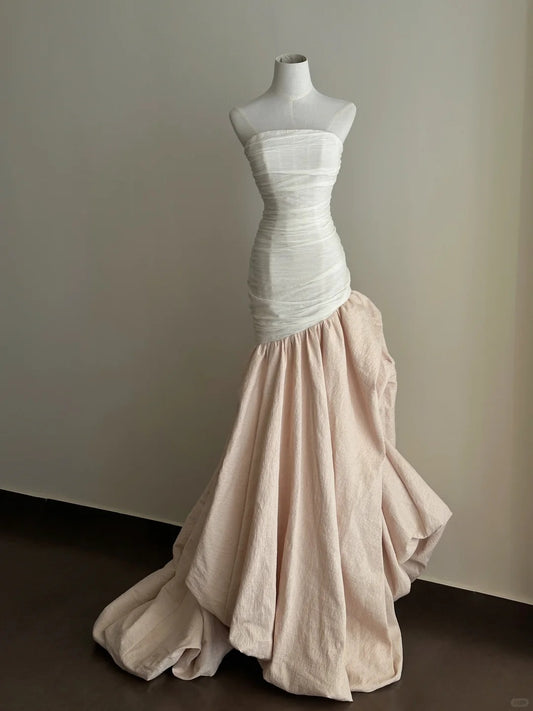 Weiß Rosa Modische Elegante Lange Tüll Satin Bodenlangen Ballkleid Abendkleid nv4067