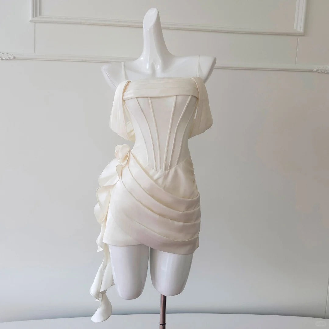 Robe de soirée courte en satin blanc ivoire, robe de bal, robe de fête d'anniversaire, nv4668