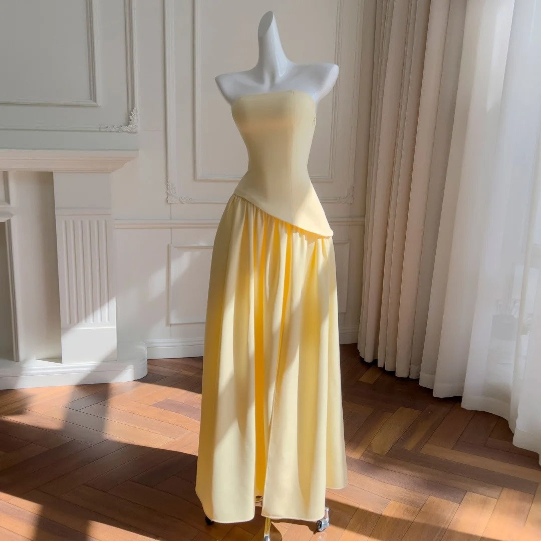 gelbes, modisches, elegantes Satin-Heimkehrkleid, Ballkleid, Geburtstagspartykleid, Abendkleid, Abschlusskleid, nv4674