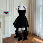 Schwarzes kurzes Samtkleid mit Hosenträgern, Ballkleid, Geburtstagspartykleid, NV4672