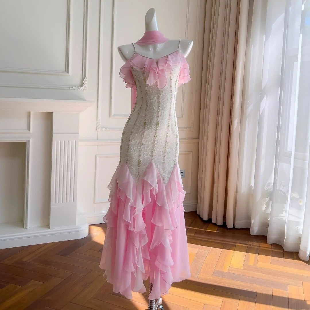 Robe de bal longue en mousseline de soie rose ornée de perles, robe de soirée, robe de remise de diplôme, nv4671
