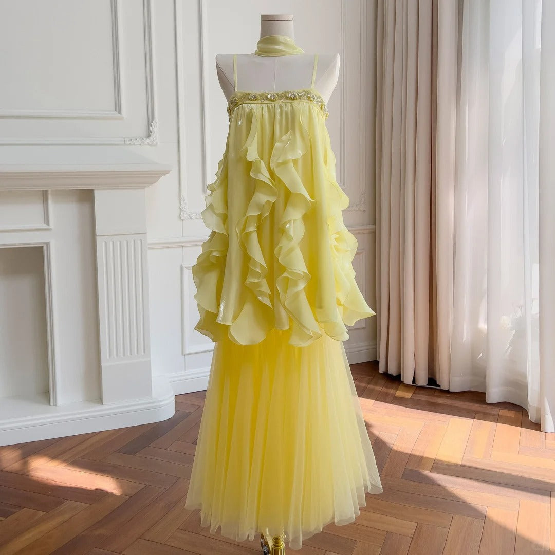 Robe de soirée jaune longue/courte en tulle et mousseline de soie, robe de bal, robe de fête d'anniversaire, costume deux pièces nv4670