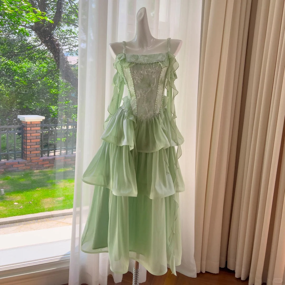 Grünes langes Chiffon-Tüll-Heimkehrkleid, Ballkleid, Geburtstagspartykleid, NV4669