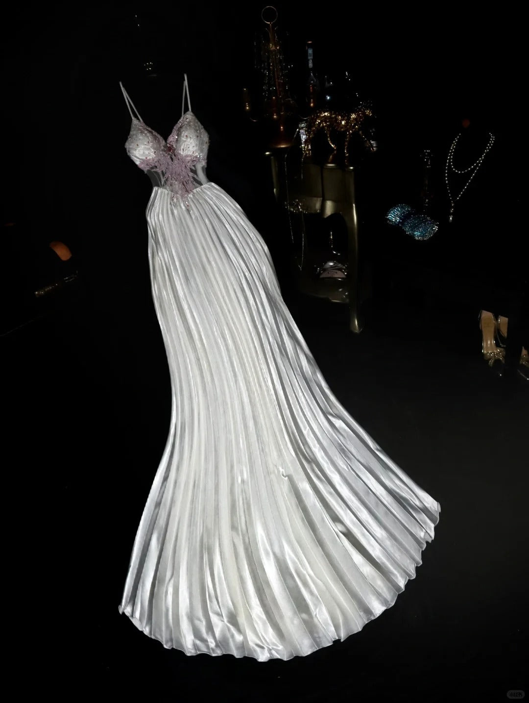 Robe de soirée élégante longue en satin avec perles argentées, tenue de bal, nv4687