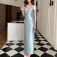 Robe de soirée longue en satin bleu clair à perles exquises nv4170