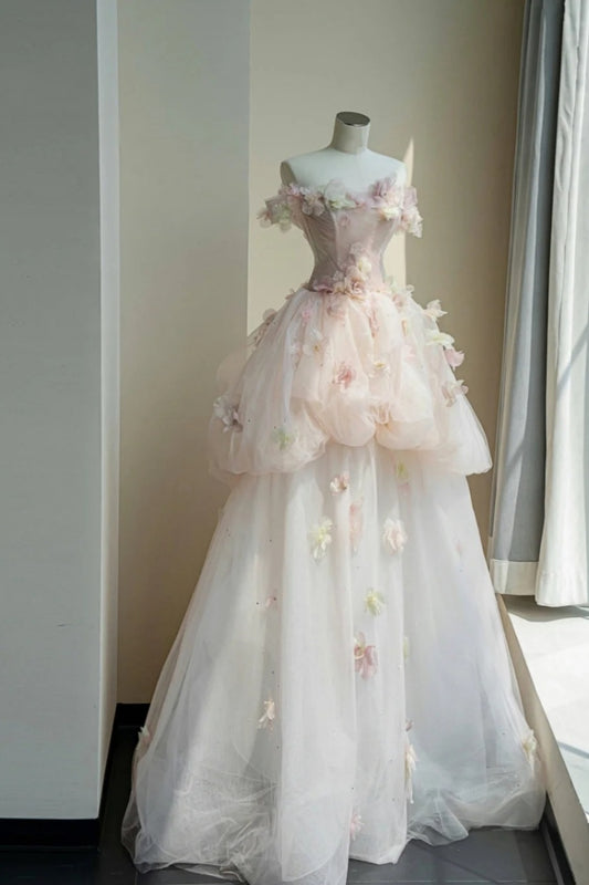 NiceVestidos – Blumenfeen-Stil: Rosa – weißes, schulterfreies, bodenlanges Brautkleid aus Tüll mit 3D-Blumen und Nieten, NV5815