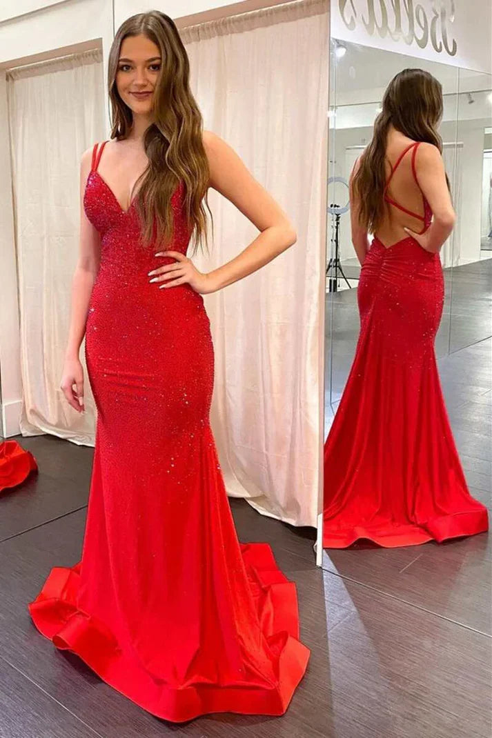 Robe de soirée longue argentée scintillante à bretelles spaghetti, style sirène, coupe ajustée, dos nu, jaune, robe de bal, robe de soirée formelle, nv3431