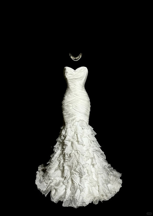 Elfenbeinweiß Elegant Exquisite Lange Tüll Meerjungfrau Schlank Bodenlangen Schleppe Ballkleid Abendkleid Partykleid Brautkleid nv4135