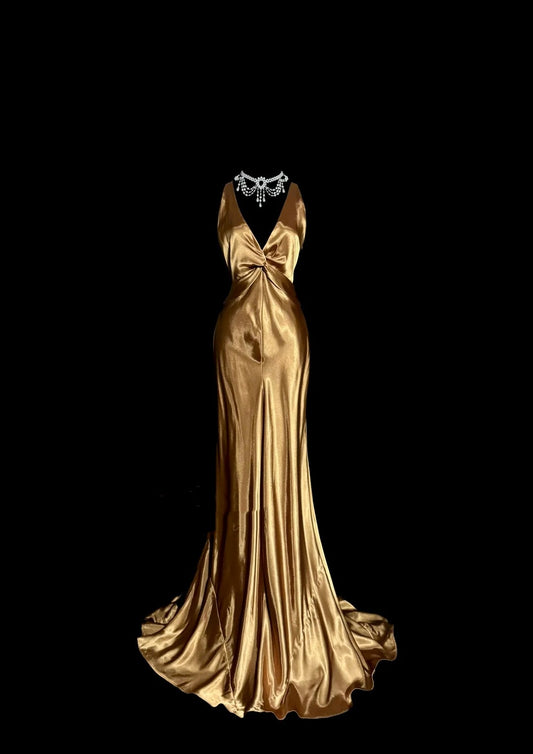 Gold Mode Elegante Venus Göttin Lange Satin Ballkleid Abendkleid Partykleid nv4556