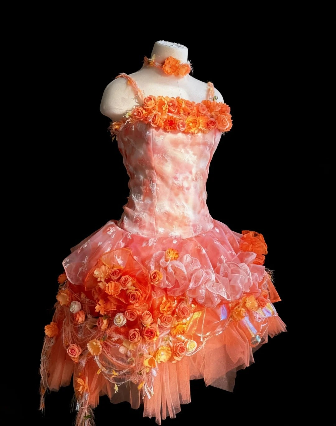 Orangefarbenes Mini-Ballkleid mit Flammenblumenmuster und Farbverlauf, 3D-Blumenmuster, NV6569