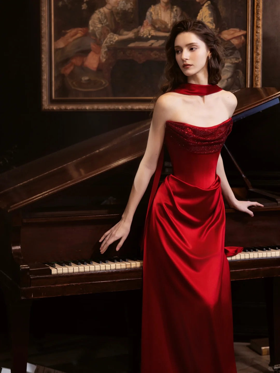 Rotes Ballkleid, glänzend, elegant, Satin, langes Abendkleid, Abschlusskleid, NV4226