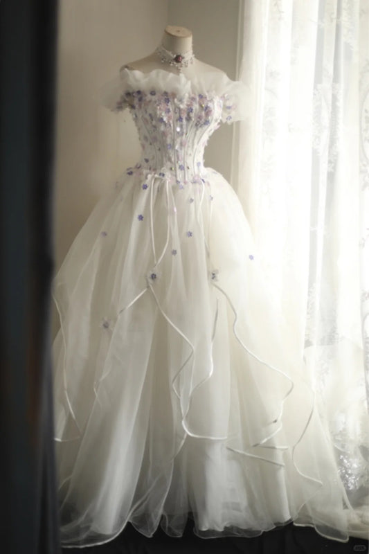 Weißes süßes Blumen langes Tüll Ballkleid Abendkleid Partykleid nv4691