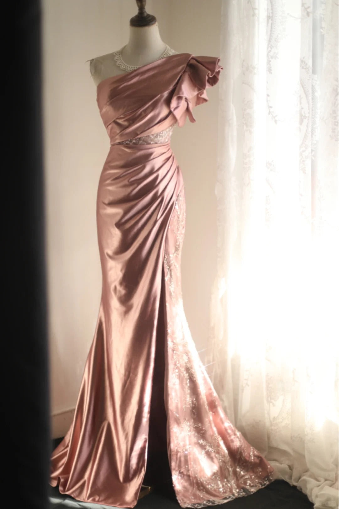 Rosa Perlen Elegantes Langes Satin Bodenlanges Ballkleid Abendkleid Partykleid nv4187