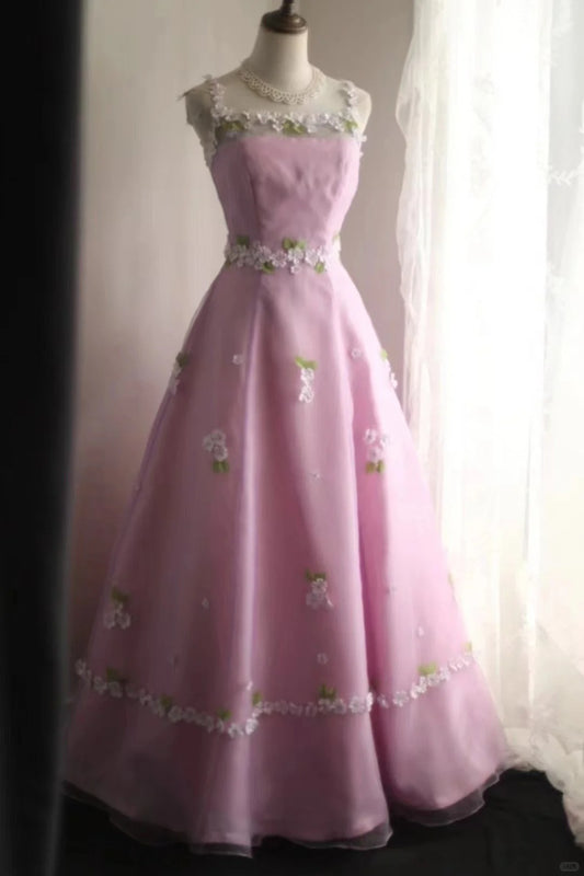 Pink Sweet Floral Long Tulle Prom Dress Evening Dress Party Dress nv4690