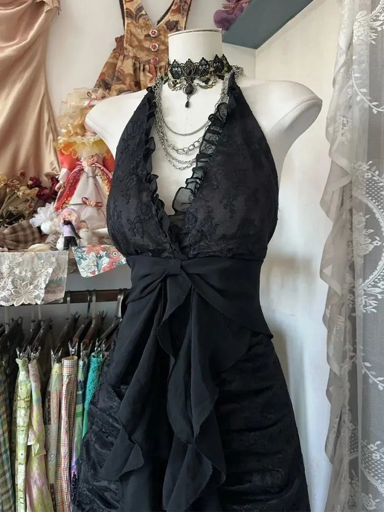 Schwarz Neckholder Retro Mode Elegante Straps Lange Spitze Tüll Meerjungfrau Ballkleid Abendkleid Partykleid nv4203