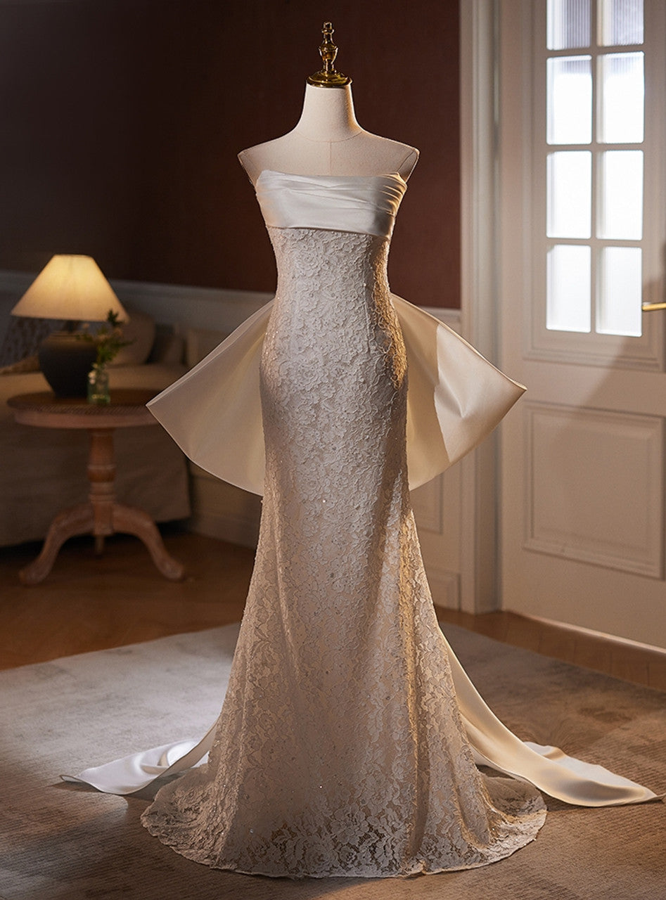 Robe de soirée sirène blanche élégante et brillante, sans bretelles, longue, en dentelle, style bal, robe de mariée traînante, nv3468