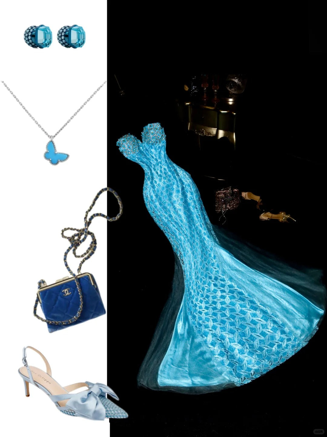 Robe de soirée longue en tulle bleu scintillant et perles NV5250