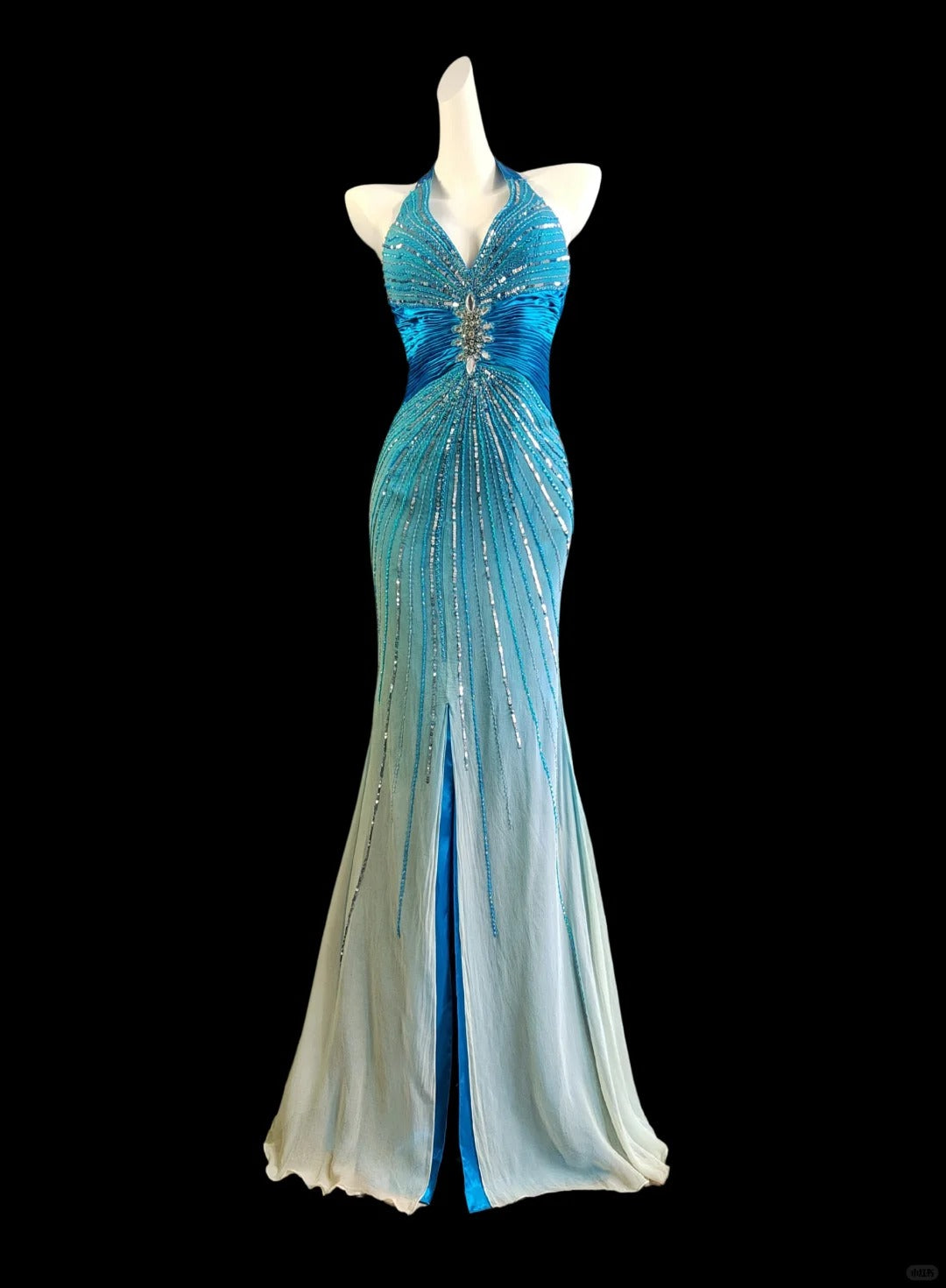 Robe de soirée longue en mousseline de soie, style vintage, bleu eau, exquise, perles, élégante, bretelles, longueur au sol, robe de bal, nv5234