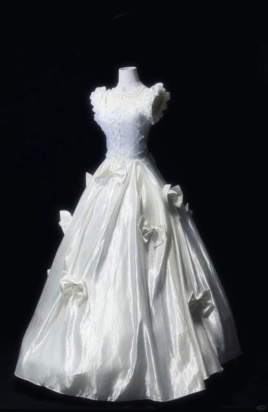 Elfenbeinweißes Vintage-Elegantes langes Satin-Spitzen-Ballkleid, Abendkleid, Partykleid, Hochzeitskleid, Prinzessin, nv4120