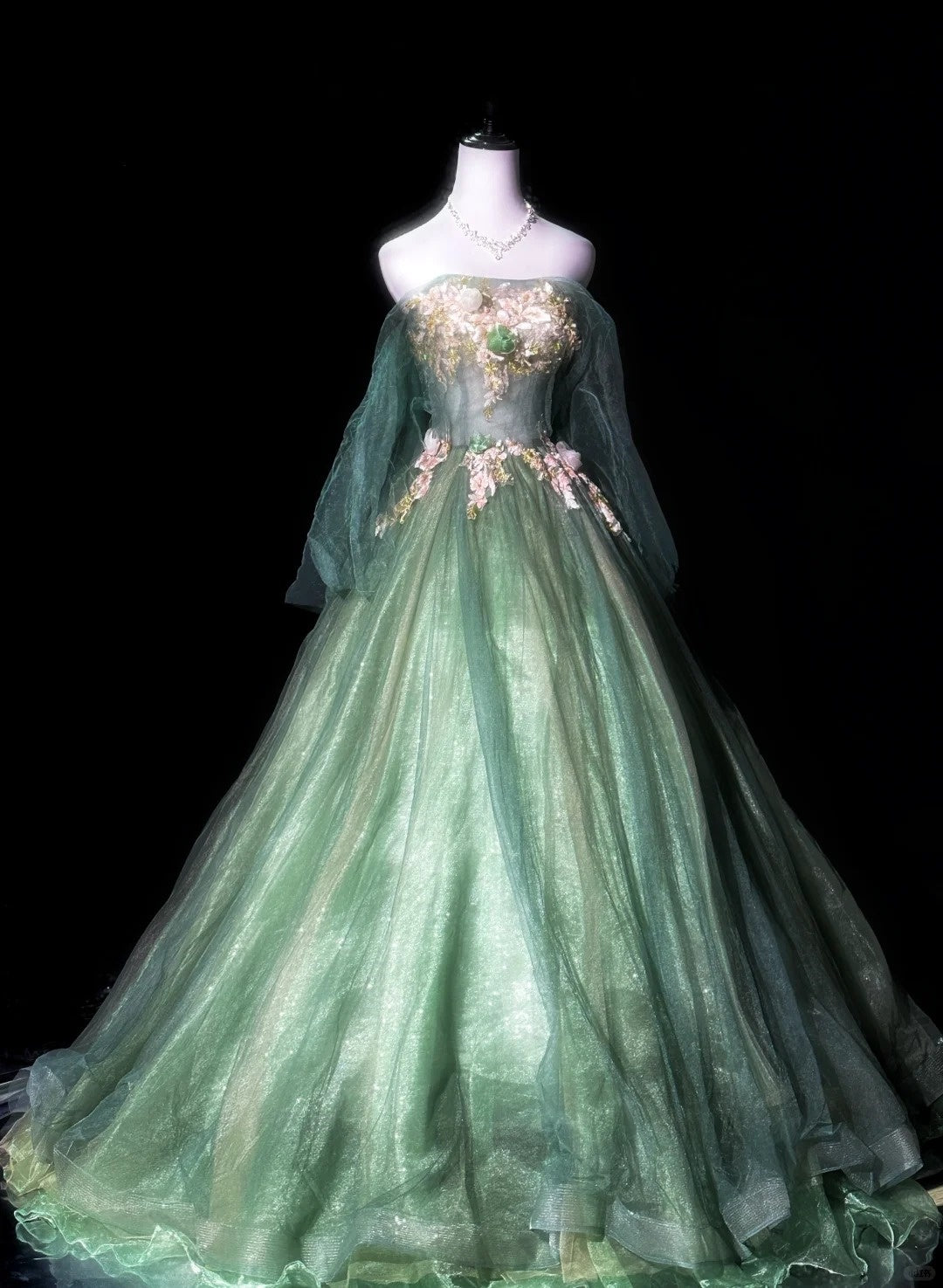Grünes, zart geblümtes, langes Tüll-Ballkleid, Abendkleid, Abschlusskleid, Zeremoniekleid für Erwachsene, nv4191