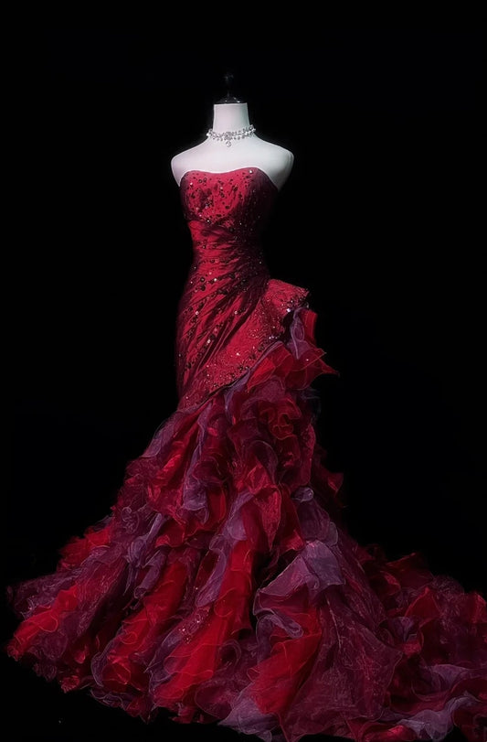 Rotes, luxuriöses und wunderschönes langes Chiffon-Ballkleid, Prinzessinnenkleid NV6727