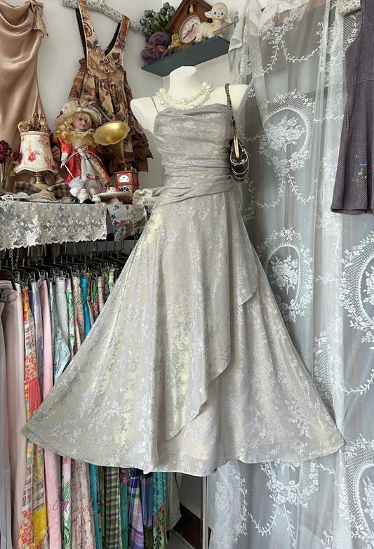 Graues Vintage Langes Satin Ballkleid Abendkleid Partykleid nv4364