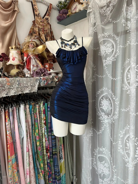 Marineblaues Vintage-Kleid, elegant, kurz, Satin, glänzend, für Heimkehr, Ballkleid, Cocktailparty, Kleid nv4624