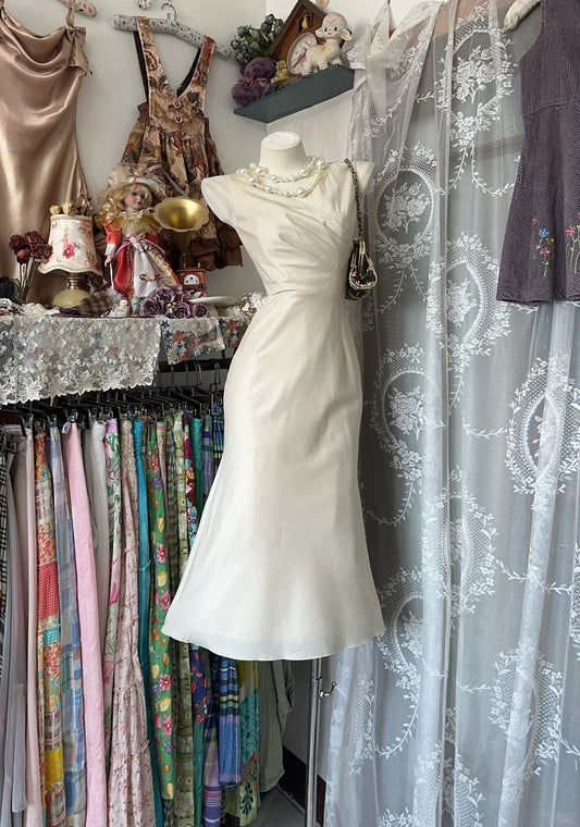 Homecoming-Kleid, weiß, retro, schlicht, modisch, mittellang, Satin, Ballkleid, NV5424