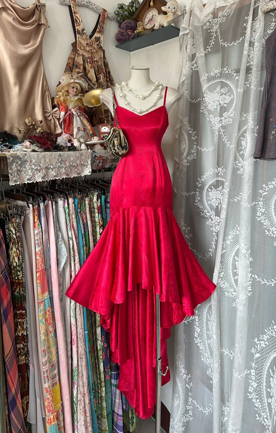 Robe de soirée longue en satin rouge vintage élégante, robe de bal, robe de soirée, robe de fête d'anniversaire, nv4629