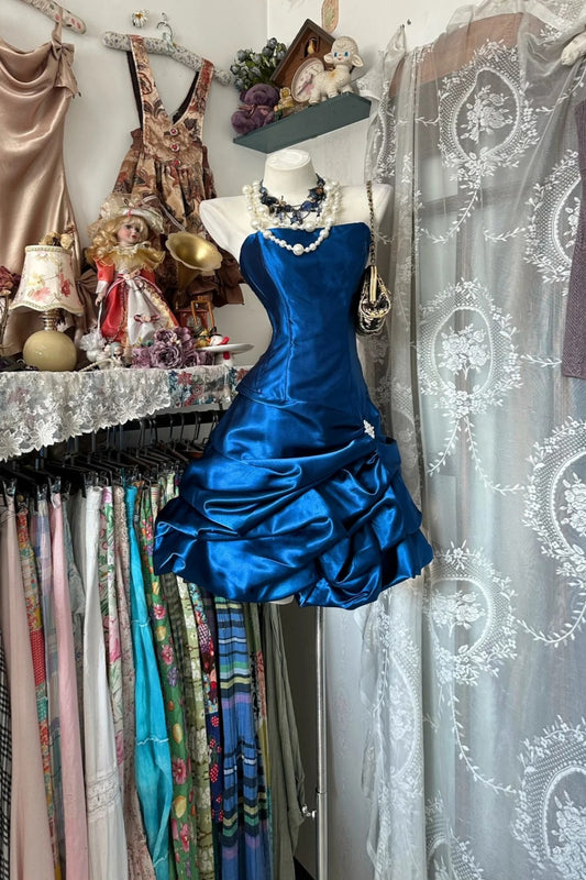Glamouröses, königsblaues, trägerloses Minikleid | Geraffter Satin-Puffrock, perfektes Outfit für festliche Anlässe für Mädchen NV6295