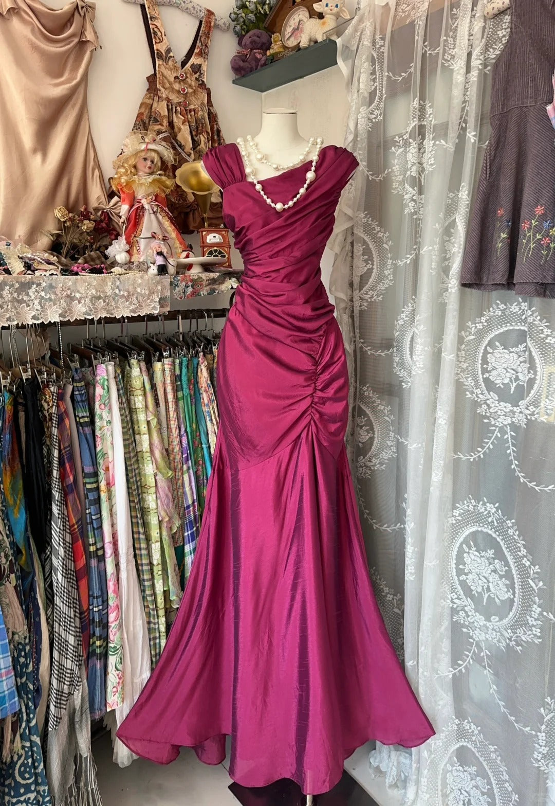 Robe de soirée sirène longue en satin rose, élégante, vintage, élégante, coupe slim, longueur au sol, robe de bal, robe de soirée, nv4202