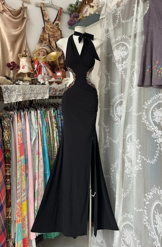 Schwarzes Perlenbesetztes Vintage Langes Satin Off-Taille Ballkleid Abendkleid Partykleid nv4367