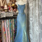 Blue Shiny Mermaid Retro Elegant Long Satin Homecoming Dress Birthday Party Dress nv4627