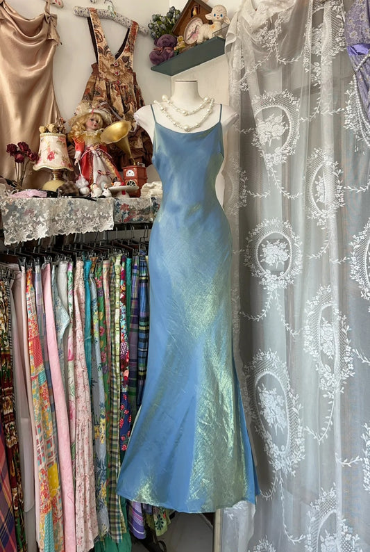 Blaues glänzendes Meerjungfrau-Retro-Elegantes langes Satin-Heimkehrkleid Geburtstagspartykleid nv4627