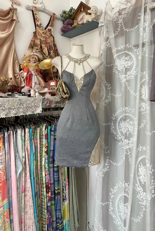Graues, charmantes Homecoming-Kleid, schönes, kurzes, sexy Partykleid mit Ausschnitt, nv4303