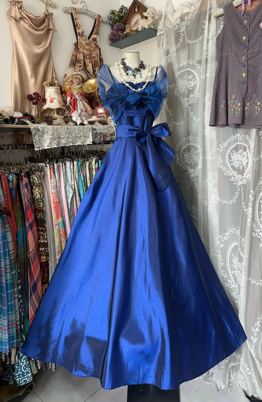 Blaues Vintage Elegantes Langes Satin Ballkleid Abendkleid Homecoming Kleid Geburtstagsparty Kleid nv4628