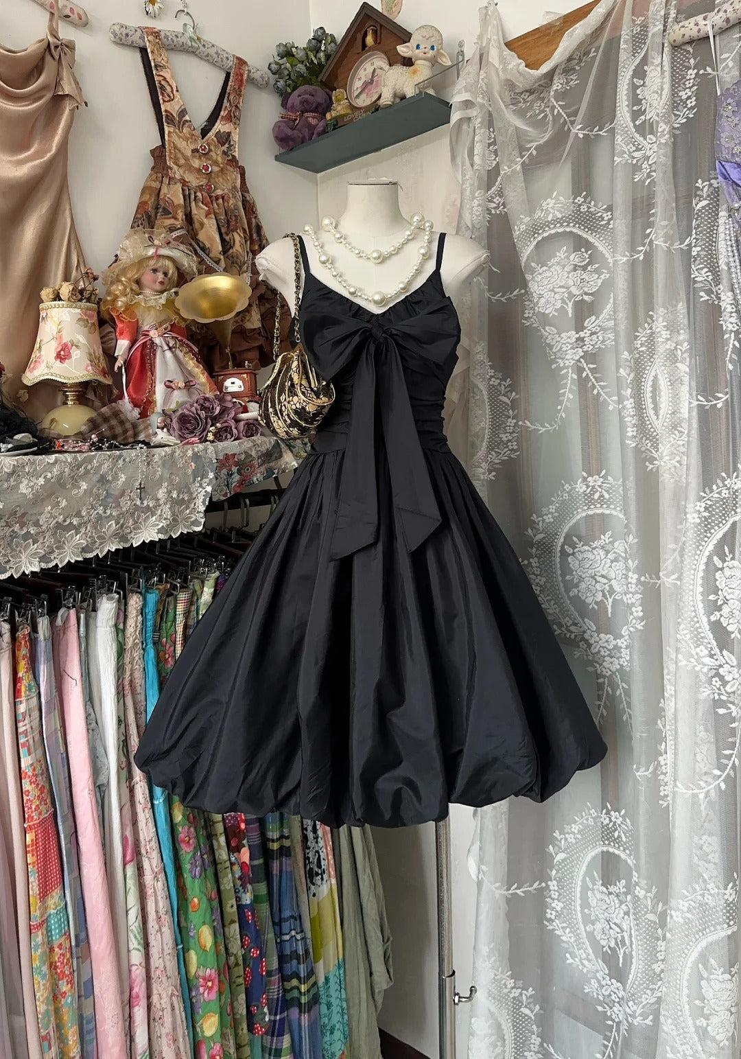 Robe de soirée courte en satin noir vintage, robe de bal d'anniversaire, robe de soirée nv4620