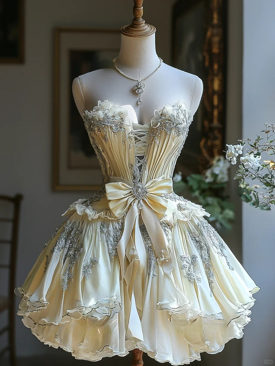 Gelbes kurzes Heimkehrkleid aus Spitzentüll, Ballkleid, Abendkleid, Geburtstagspartykleid, NV4717