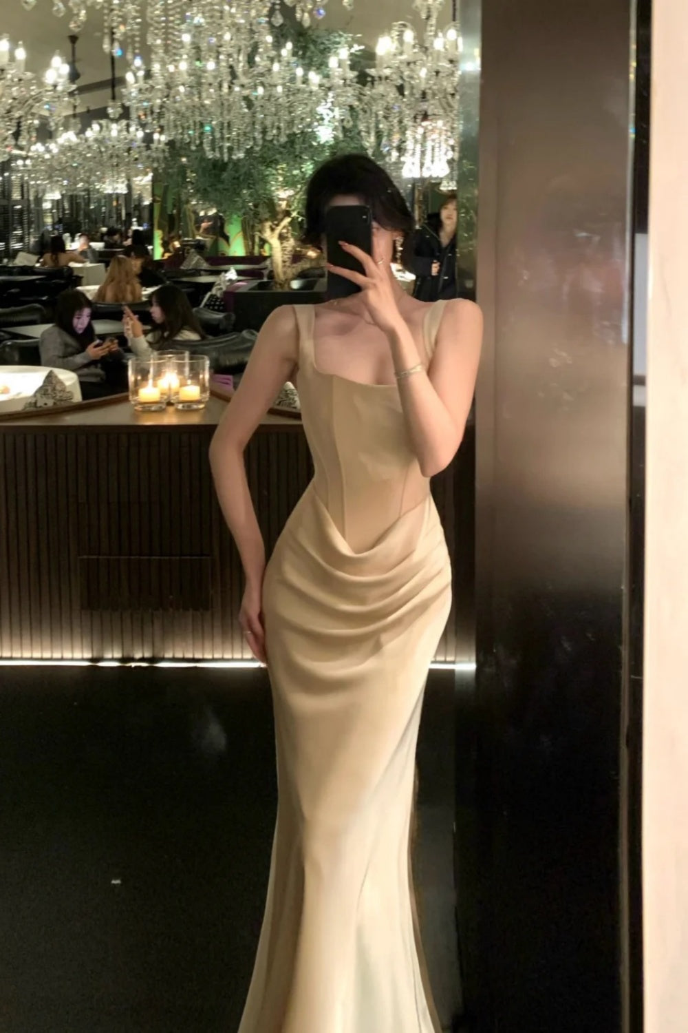 Square Neck Boned Corset Champagne Satin Mermaid Gown Draped Formal Evening Dress  NV6881