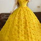 Gelbes Vintage Elegantes Blumen Perlen Langes Tüll Prinzessin Ballkleid nv5009