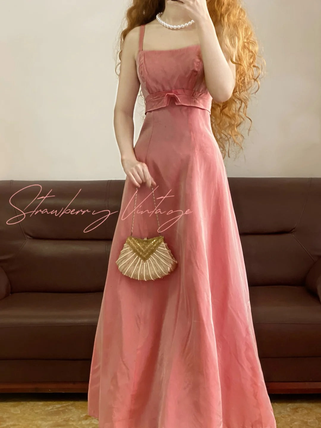 Rosa Einfache Vintage Elegante Satin Lange Prinzessin Party Kleid nv5005