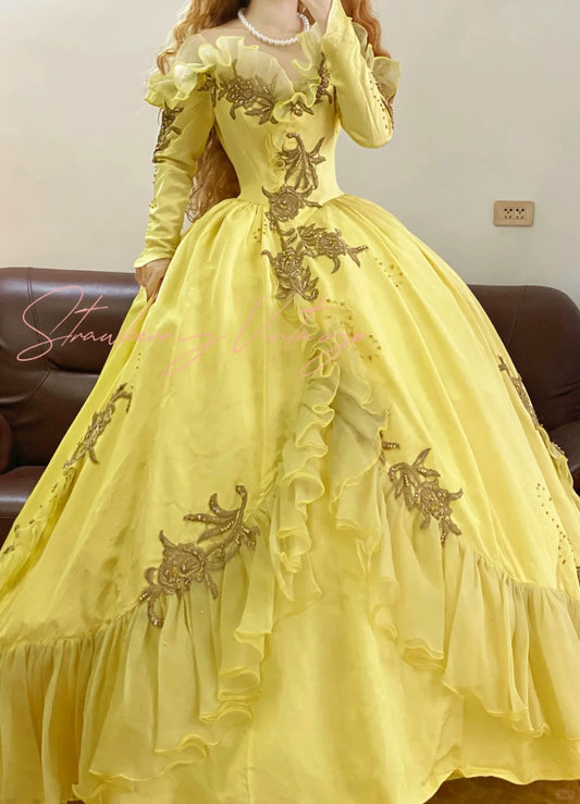 Robe de bal longue en tulle vintage à appliques florales jaunes nv4999
